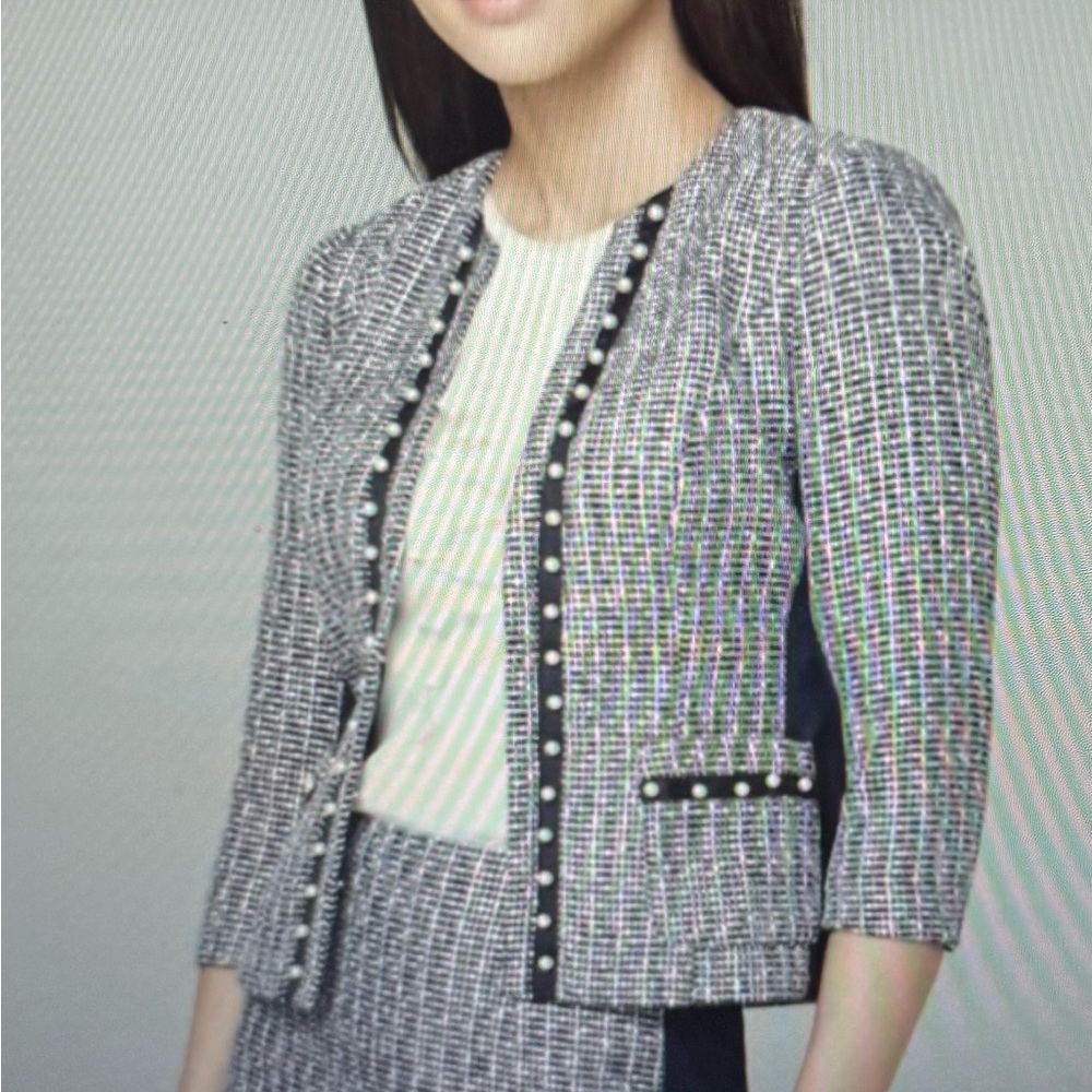 White House Black Market Women's Navy White Tweed Pearl-Trim Jacket sz 14
